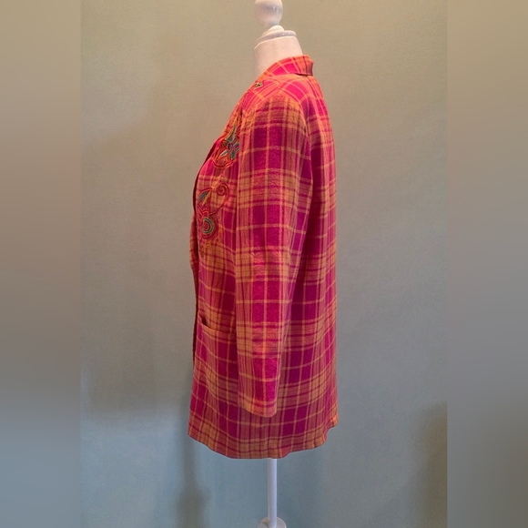 I.B. Diffusion Embroidered Plaid Blazer Jacket Size 10 Pink Orange Vintage 90s - Picture 7 of 14